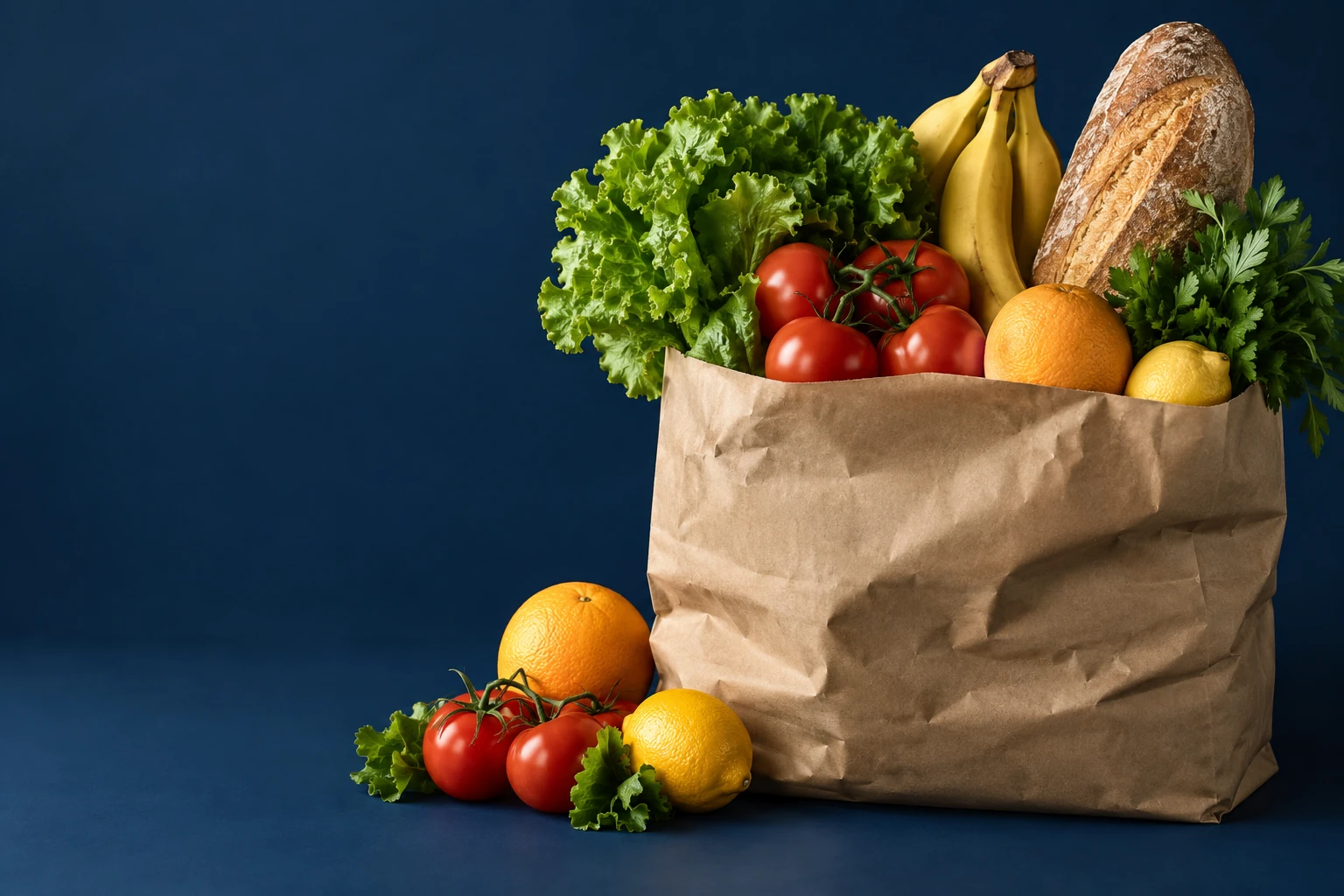 Bolsa de compras con pan, frutas y vegetales
